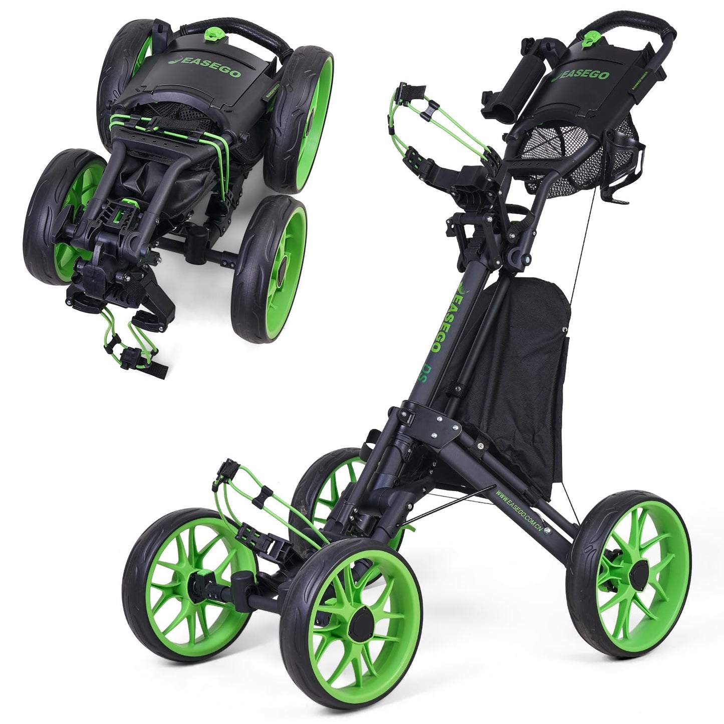 EASEGO Golf Push Cart 4 Wheel : Golf Walking Carts with Phone Holder/Cup Holder/Umbrella Holder/Foot Brake/Cooler Basket 4 Wheel Superlite Golf Pull Cart All-Terrain Golf Caddy Carts(Lime Green)