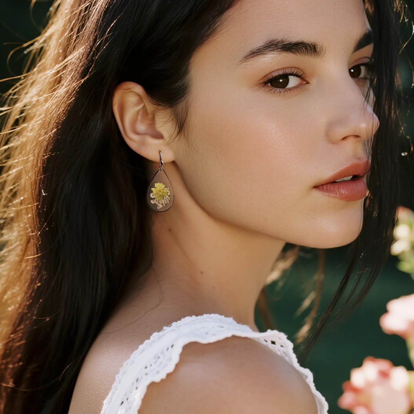 Jean Beau Handmade Pressed Flower Earrings for Women, Unique Resin Yellow Dried Flowers Sterling Silver Teardrop Dangle Drop Nature Floral Earings Fashion Summer Jewelry Gift