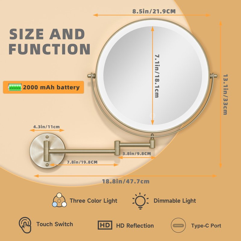 Batuso 8.5" Wall Mounted Makeup Mirror with Light, 2000mAh Rechargeable Double Sided 1X / 10X Magnifying Vanity Mirror, 3 Color Lights Touch Dimmable 360° Rotation Bathroom Mirror, Nickel