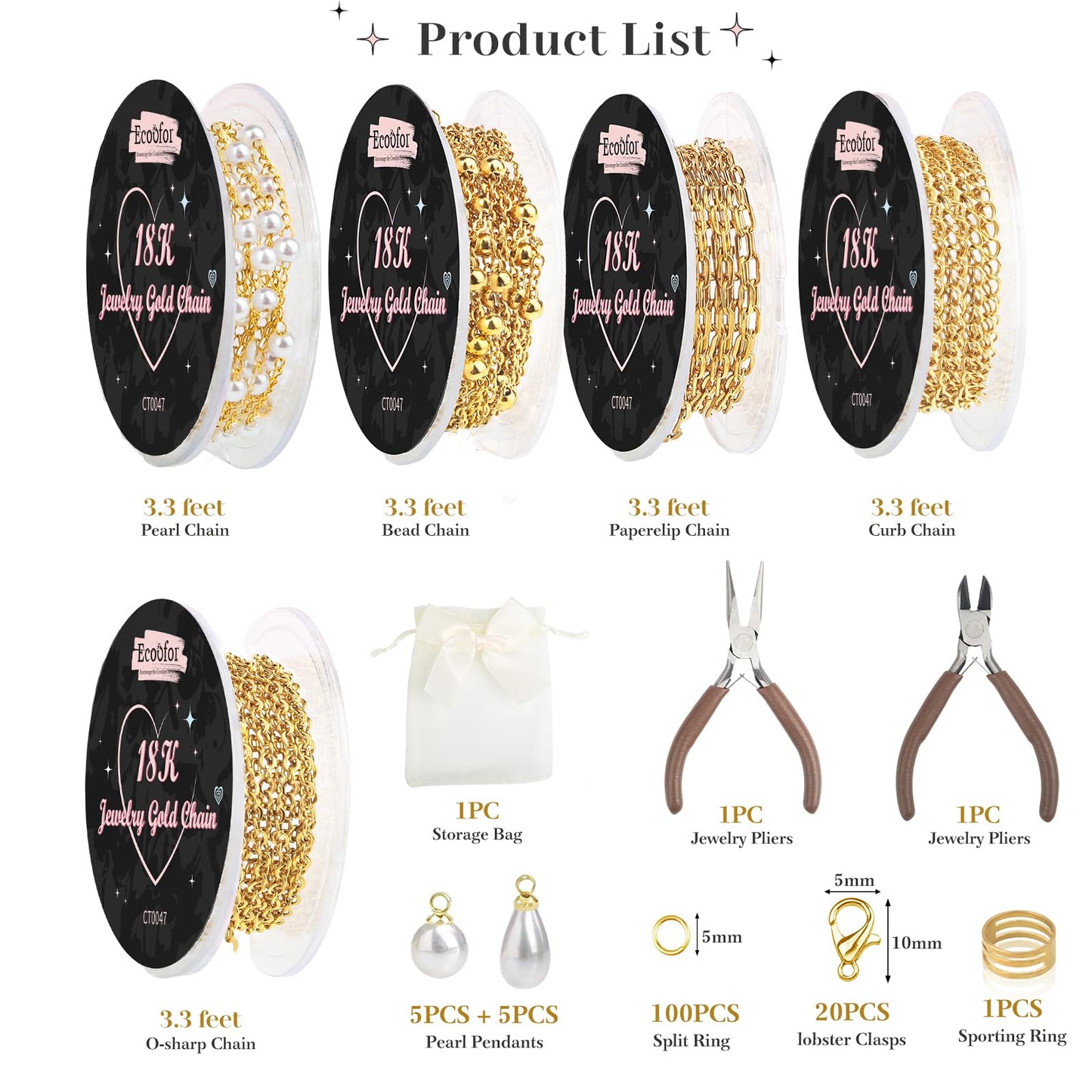 Ecoofor 18K Gold Jewelry Making Kit with Gift Box - 16.6ft 5 Rolls DIY Bracelet & Necklace Chains with 136 Pendants, Jump Rings, Lobster Clasps, Jewelry Pliers & Charm Making Kit, Christmas Gift