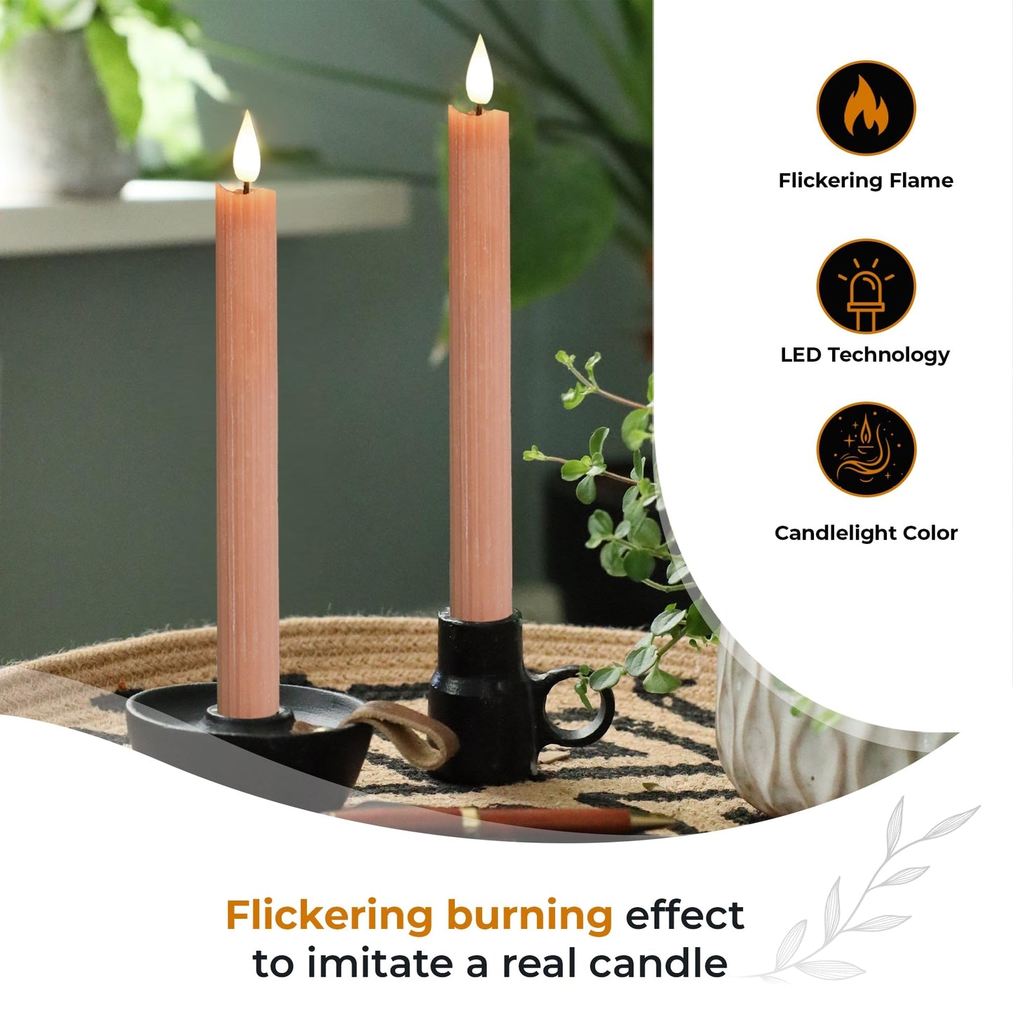 comforder Flameless Taper Candles – Flickering LED Flame with 6H Timer – Real Wax, Ribbed Design – Battery Operated Set of 2 – 10" Tall (Mauve)"