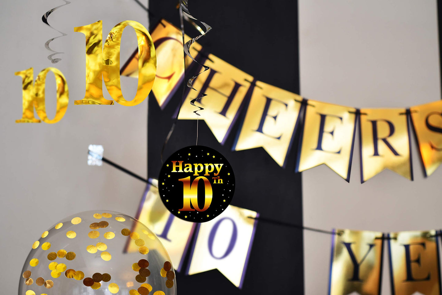 10th Birthday and Anniversary Decorations Party Pack - Pre-Strung Banner, Balloons, Swirls - 10th Birthday Decorations for Him or Her - Party Supplies and Gifts