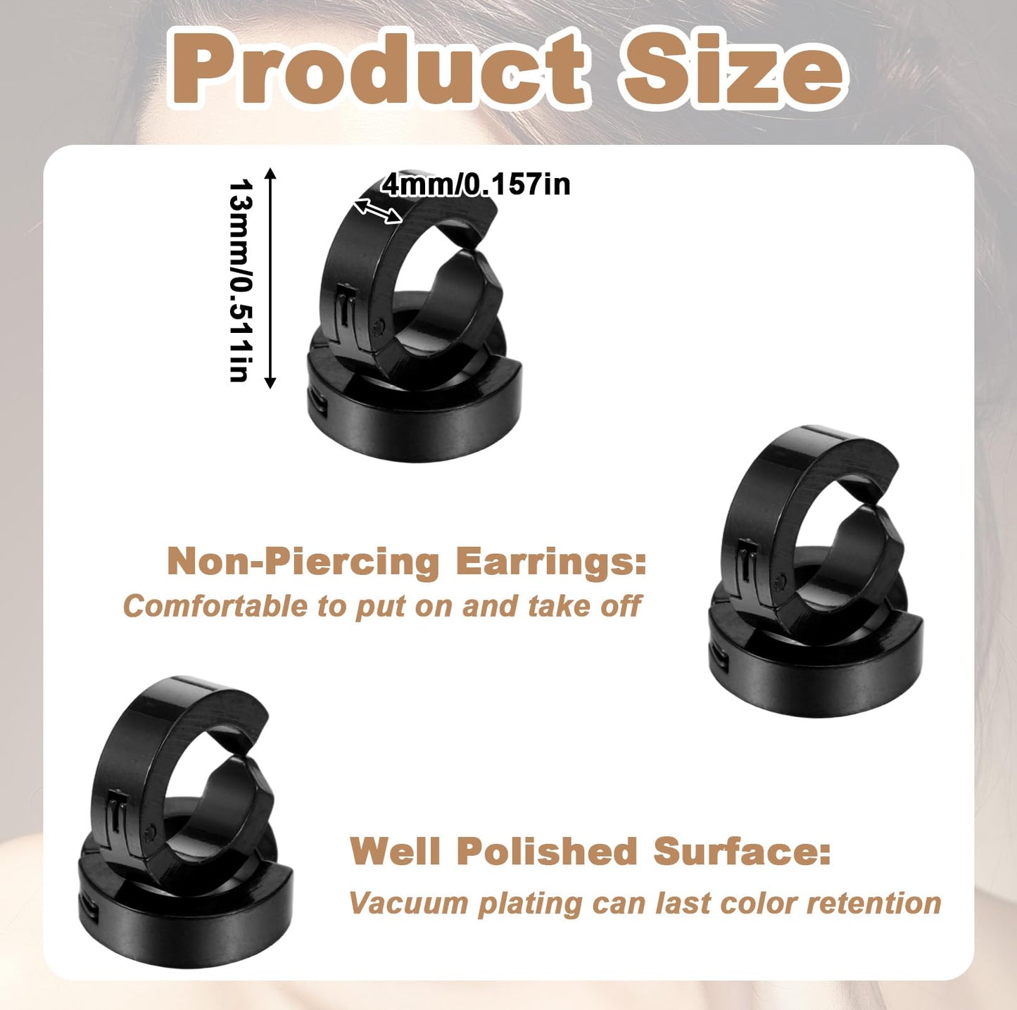WJIAAA 10 Pieces Non Piercing Ear Clips,Clip On Earrings Black Stainless Steel Fake Hoop Earrings for Men Women