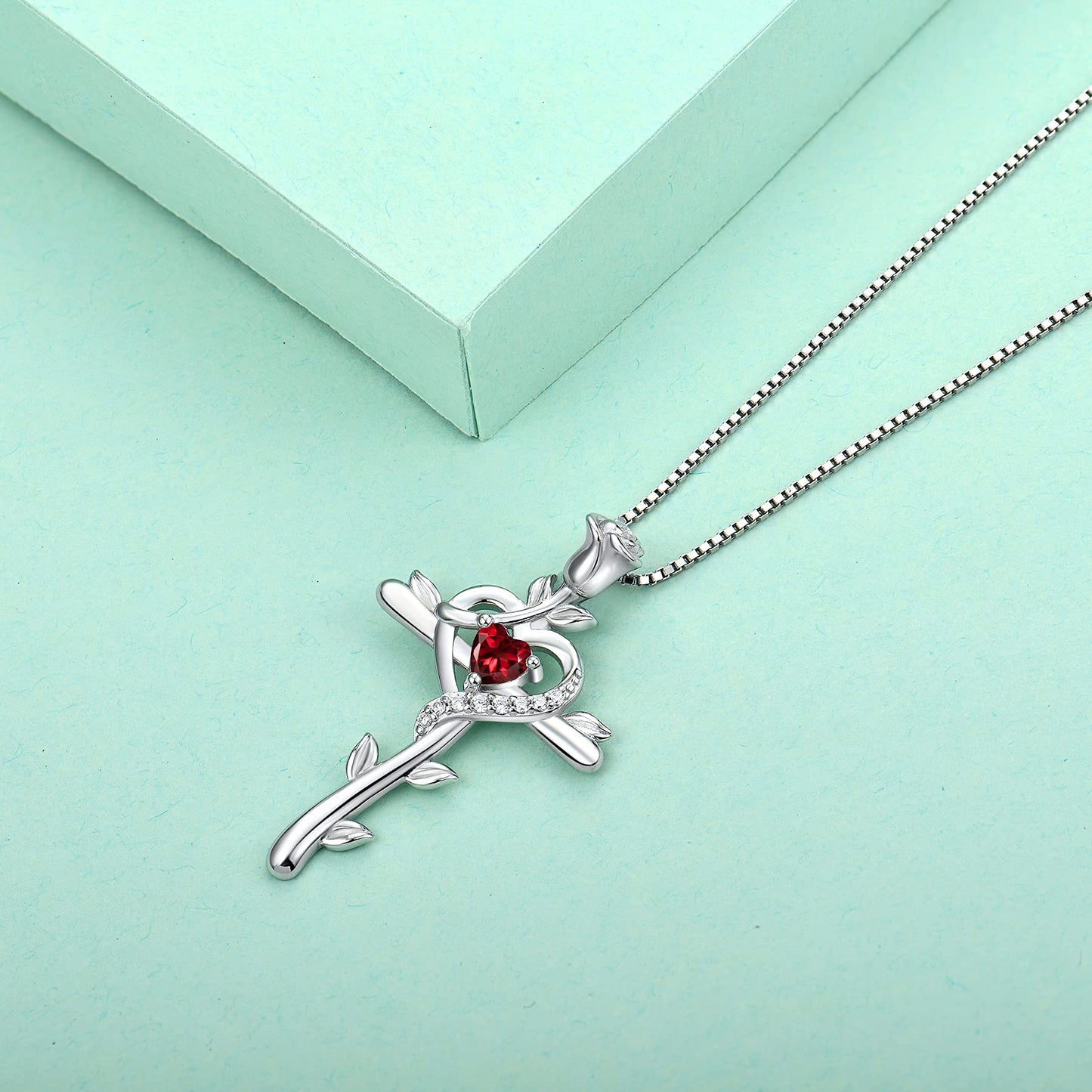 STARCHENIE Rose Cross Necklace 925 Sterling Silver Heart Crucifix Pendant Created Ruby Jewelry for Women