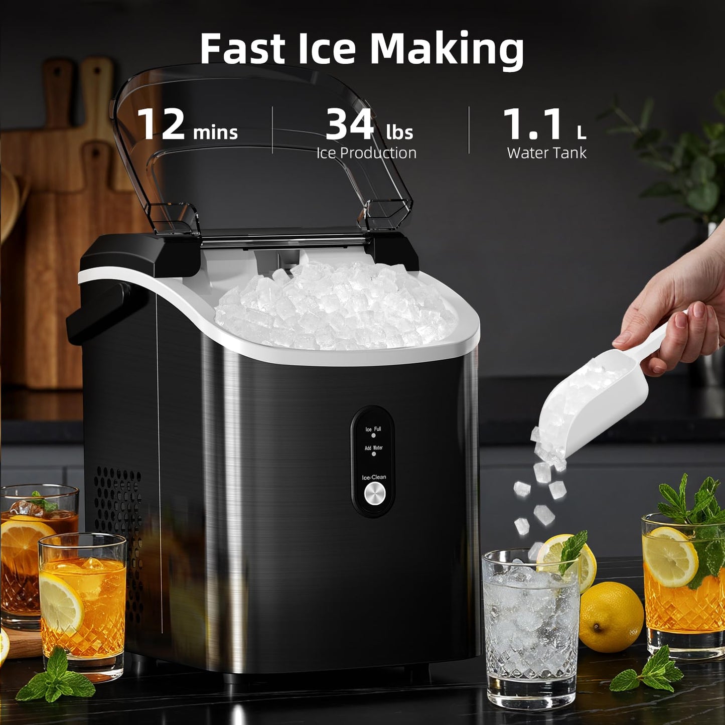 Antarctic Star Nugget Ice Maker Countertop, 34Lbs/24H, Soft Chewable Ice, Self-Cleaning, Portable Ice Machine, Fast Making in 8 Mins, Ice Basket & Scoop, Stainless Steel Black