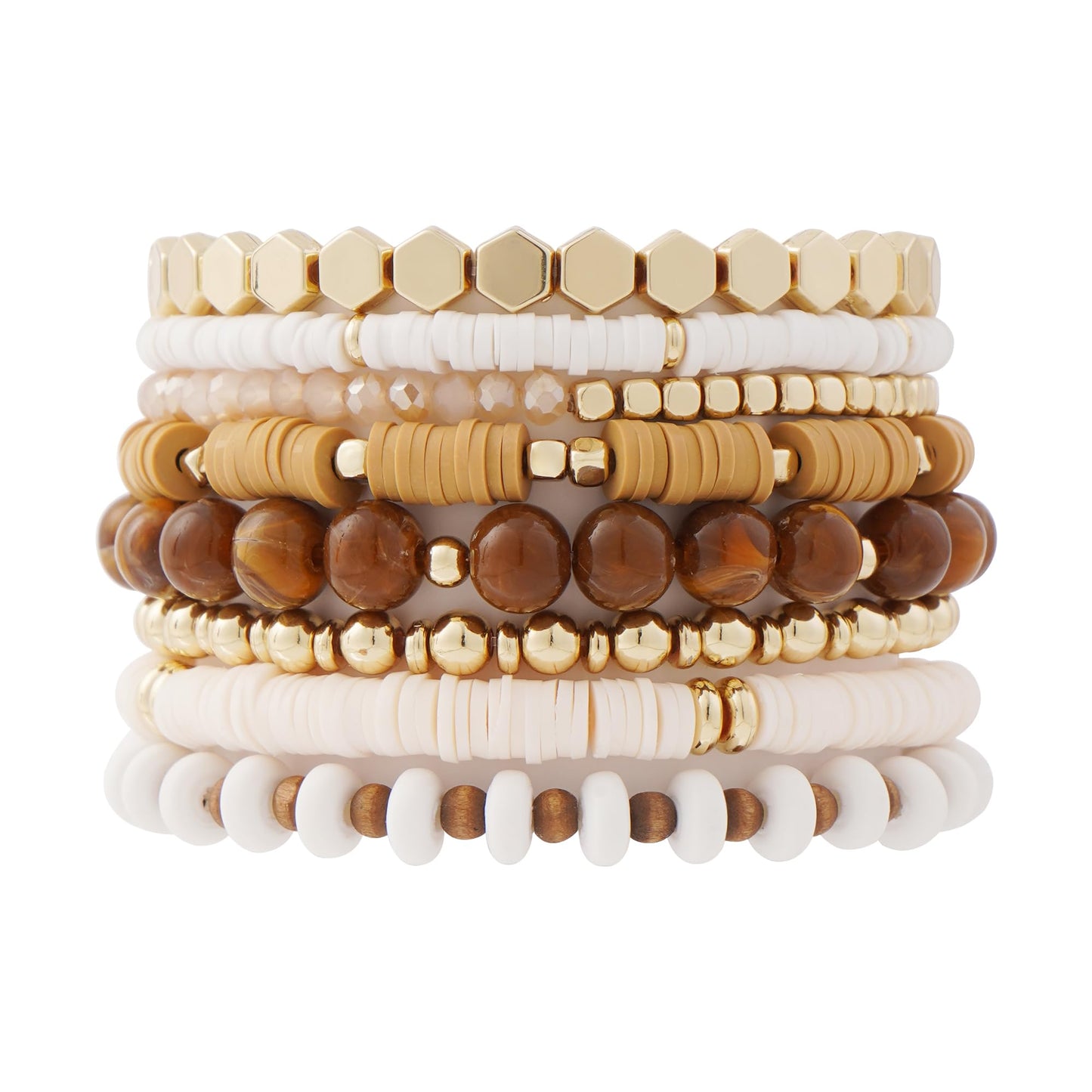 GOOJIDS Surfer Heishi Clay Bead Bracelets for Women Bohemian Stackable Gold Plated Beaded Stretch Bracelets Elastic Layering Friendship Brown Bracelets Set Boho Jewelry