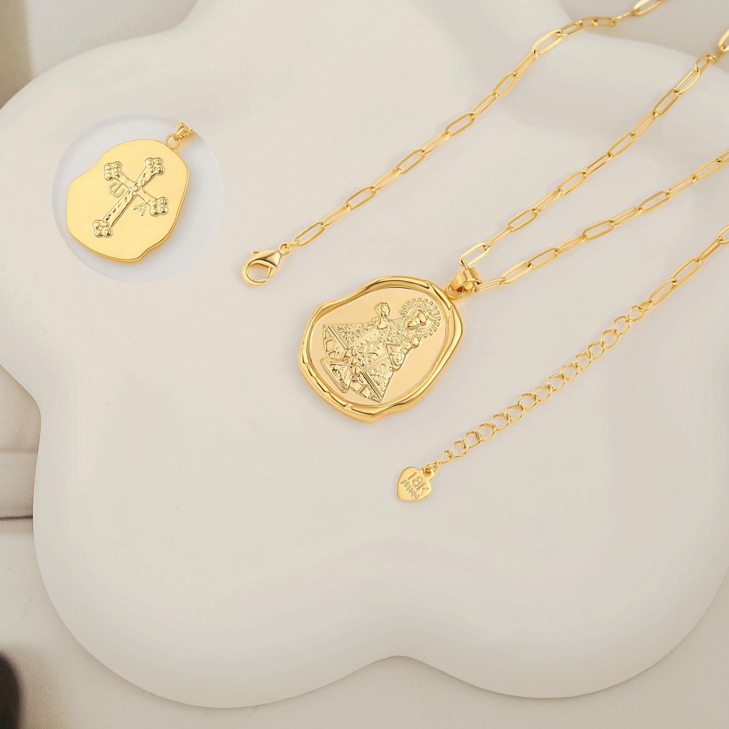 CANEVINKA 18k Gold Plated Virgin Mary Pendant Necklace, Cross Faith Pendant Necklace Dainty Adjustable Paper Clip Chain, Minimalist Cross Jewelry for Women