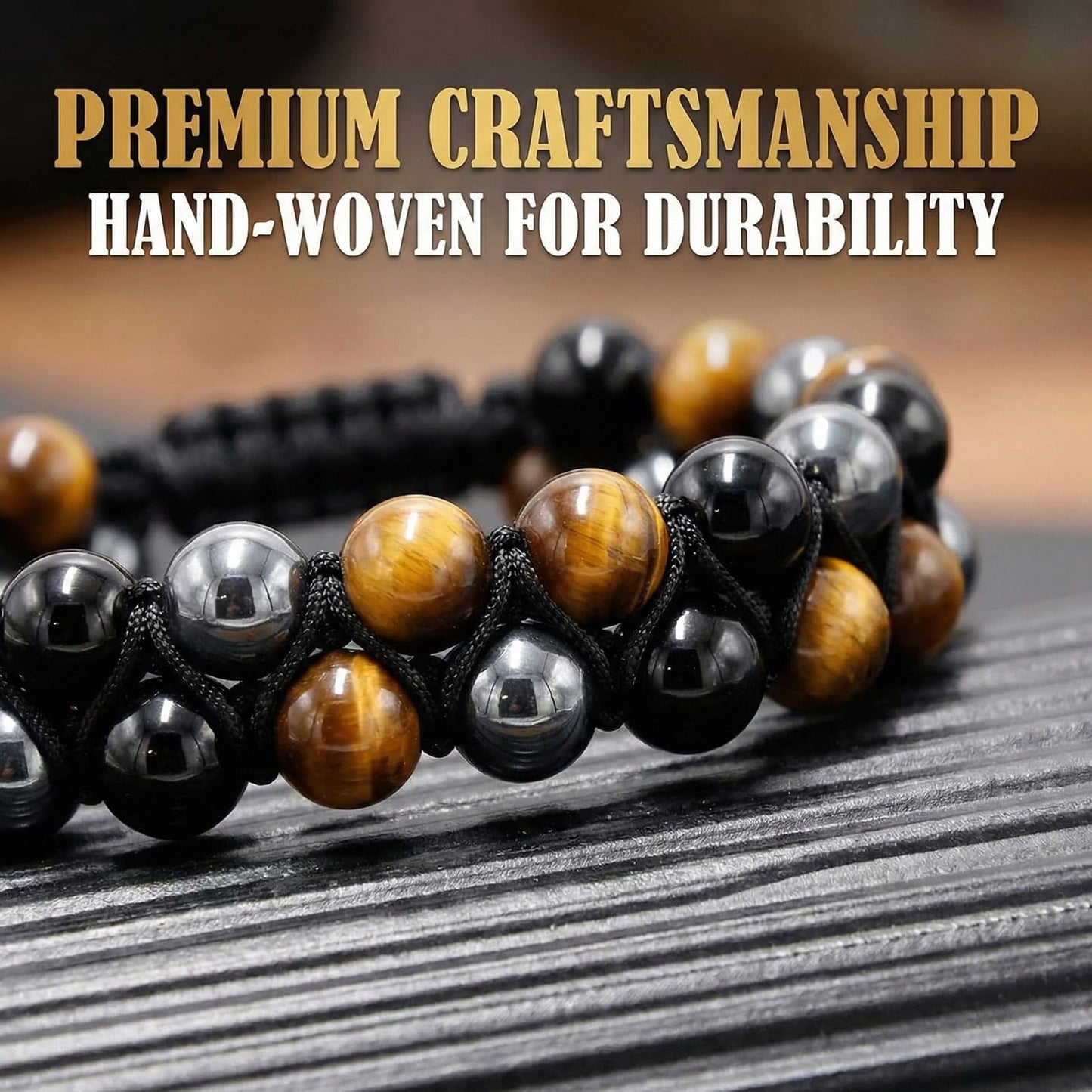 SFPJTL Triple Protection Bracelet for Men - 8mm Natural Tiger Eye Black Obsidian Hematite - Double Layer Adjustable Braided Stone Wristband - Stress Relief & Good Luck Gifts for Him Dad with Gift Box