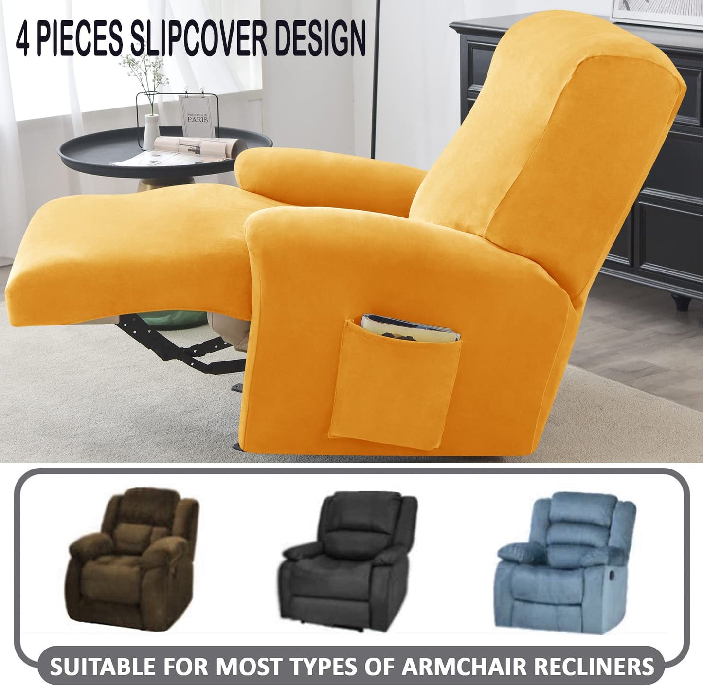 Deisy Dee 4-Piece, 1 Seat Recliner Cover, Soft Velvet Recliner Chair Covers- Stay-in-Place Slipcovers for Recliner Chair (Yellow)