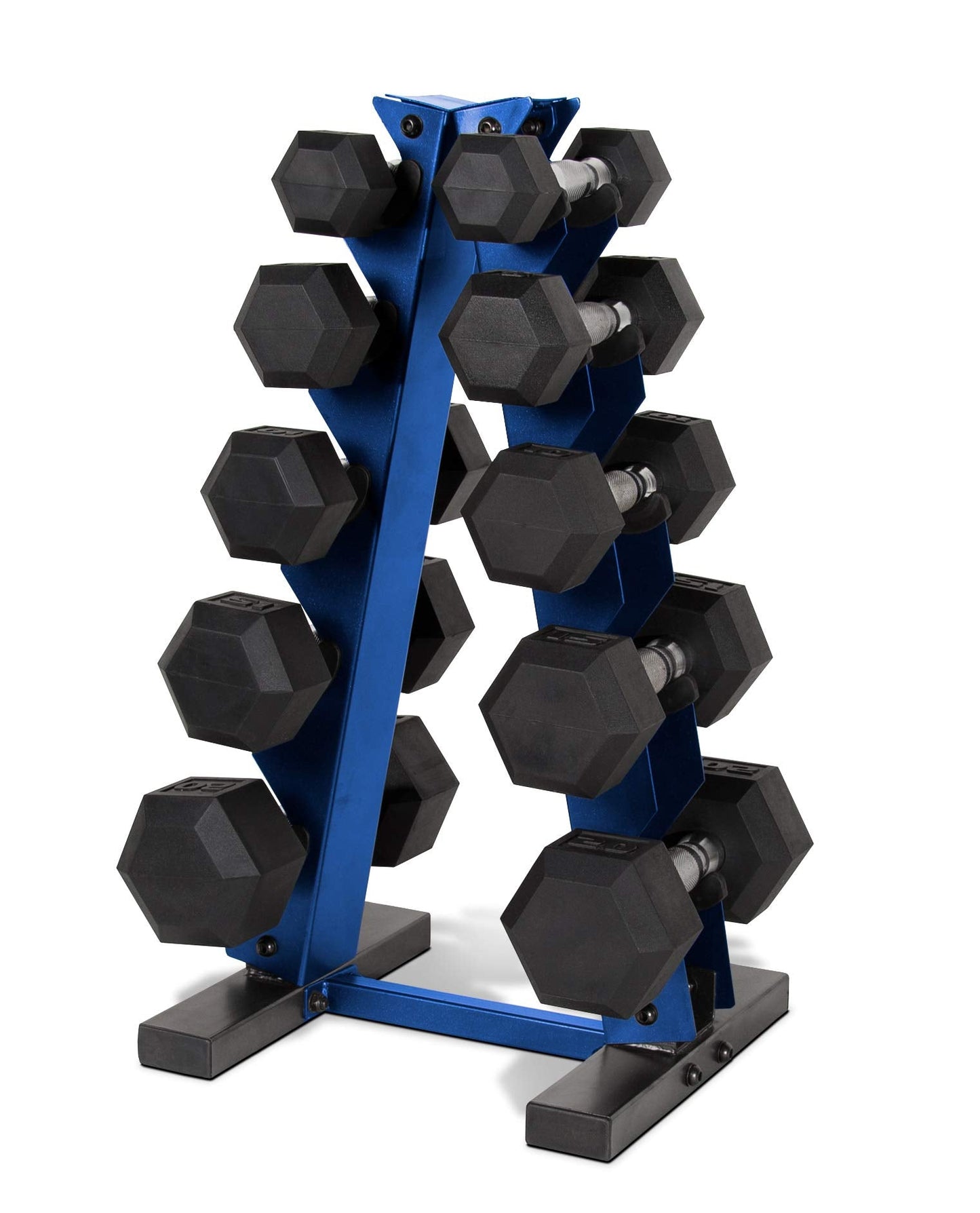 CAP 150 LB Rubber Coated Hex Dumbbell Hand Weight Set with Vertical Storage Rack - Chrome Handle | Blue Rack