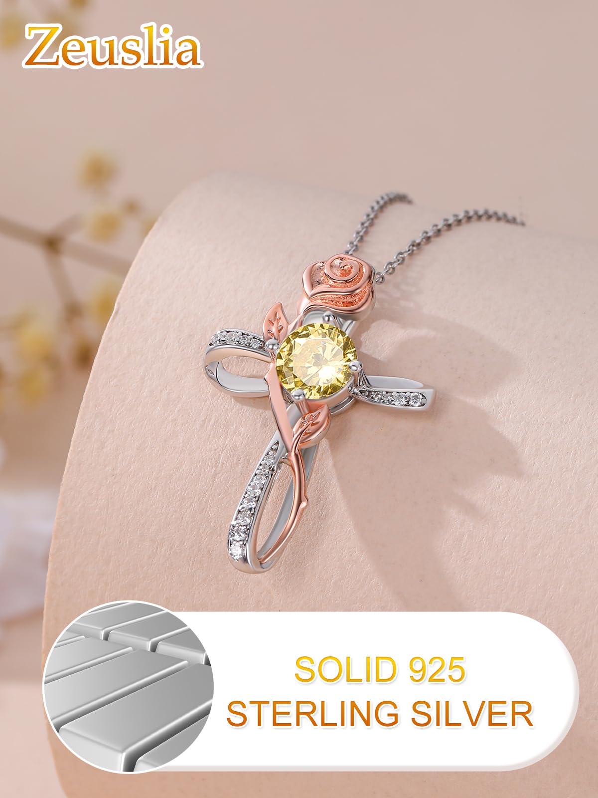 Zeuslia Cross Necklace for Women Sterling Silver Cross Pendant Jewelry with Rose Citrine November Birthstone Necklace Christian Religious Baptism First Communion Confirmation Birthday Gifts for Women