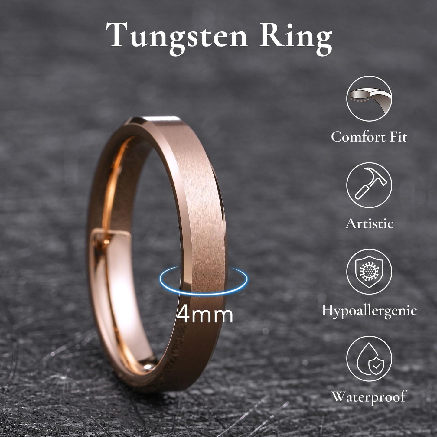 King Will Rose Gold Basic Tungsten Rings For Men Women 4mm Wedding Band Polished Edge Brushed Matte Promise Ring Comfort Fit, size 8