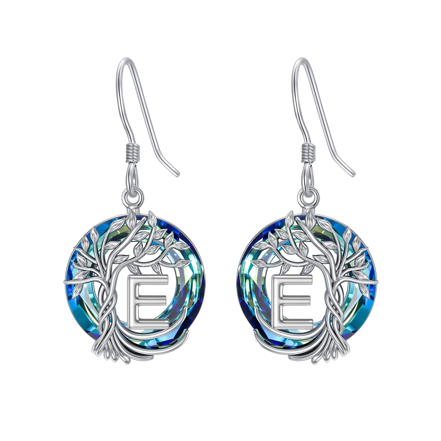 TOUPOP Tree of Life Initial Earrings Sterling Silver Initial E Letter Drop Dangle Earrings Blue Circle Crystal Family Tree Jewelry Birthday Mothers Day Gifts for Women Mom Her