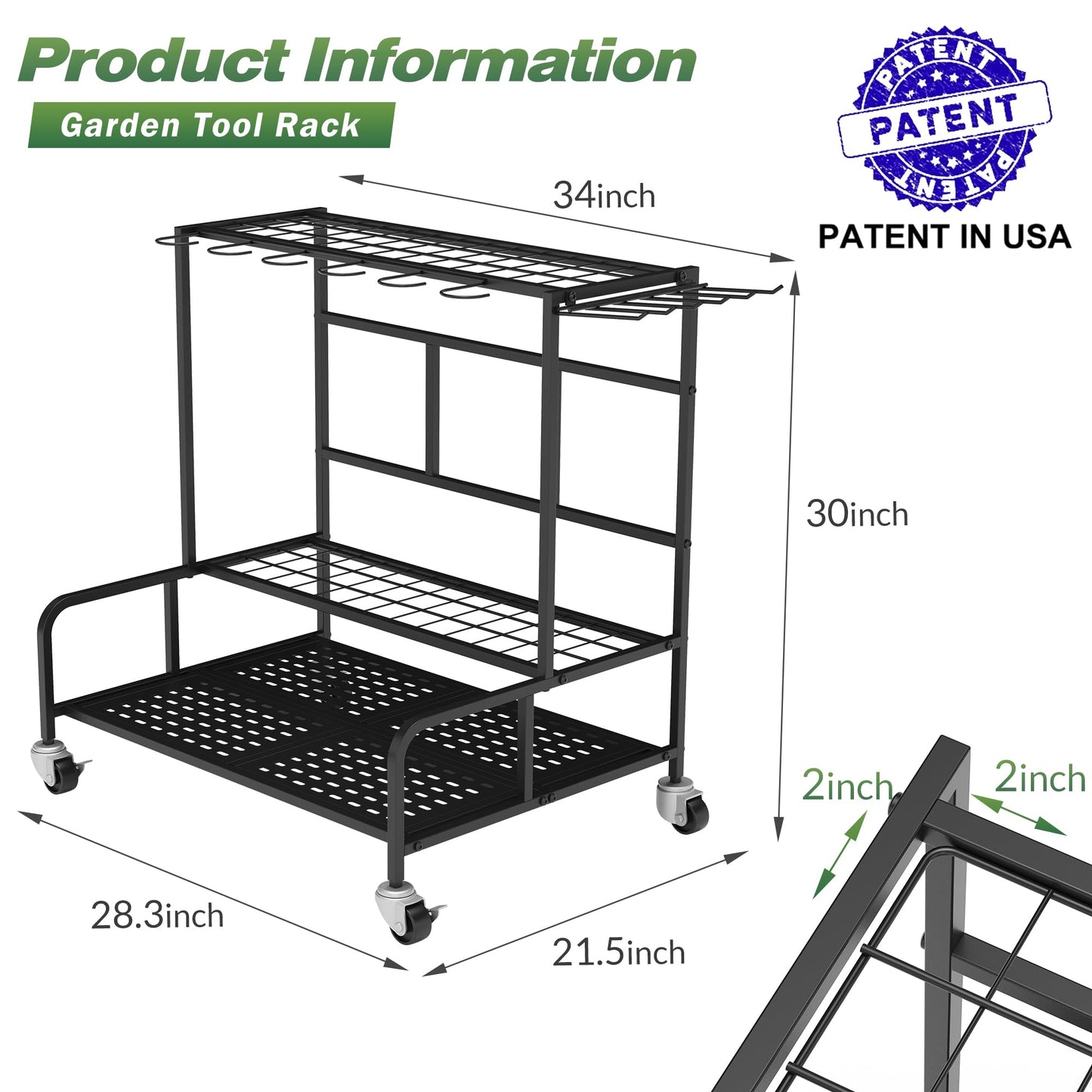Garden Tool Organizer Rack with Wheels Up to 39 Tools, Heavy-Duty Steel Yard Tool Organizer for Garage Storage with 12 Hooks, Broom Holder & Garden Tool Rack for Shed, Patio, Outdoor Use, Black