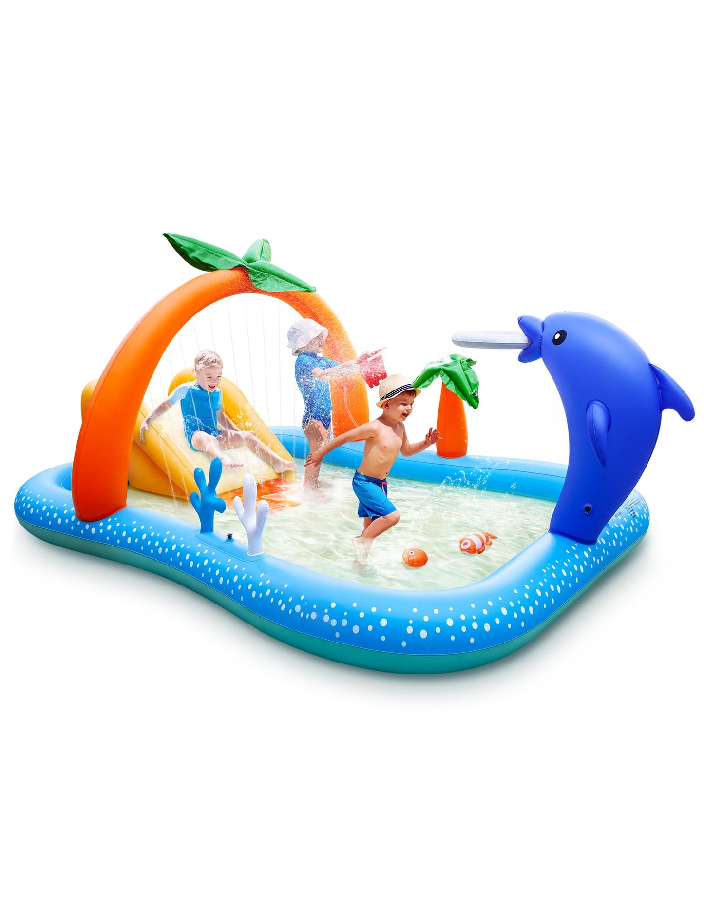 Kiddie Pool with Slide Inflatable Play Center Wading Lounge Kids Pool, Coconut Palm Sprinkler, Water Game Play Center, 95''x75''x40''