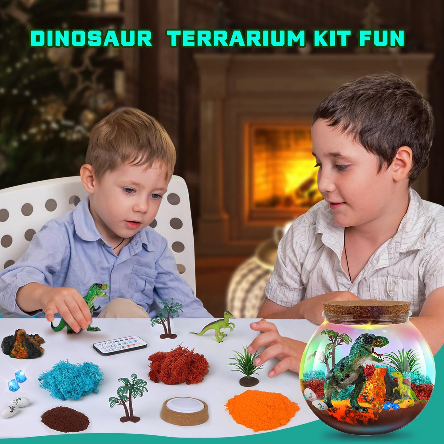 RONSTONE Dinosaur Terrarium Kit for Boys - Dinosaur Toys for Kids - DIY Your Own Light Up Terrarium Kit World - Christmas Birthday Dinosaur Gifts for Boys and Kids 5-7