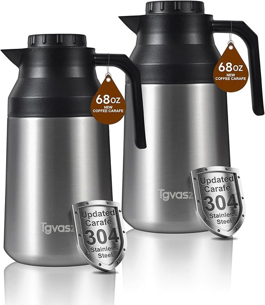 2 PCS Thermal Coffee Carafe Insulated Stainless Steel Coffee Carafe for Hot Liquid Vacuum Thermal Pot Creamer Pitcher Dispenser Keeping Hot Water Milk(Silver/Silver 68 oz)