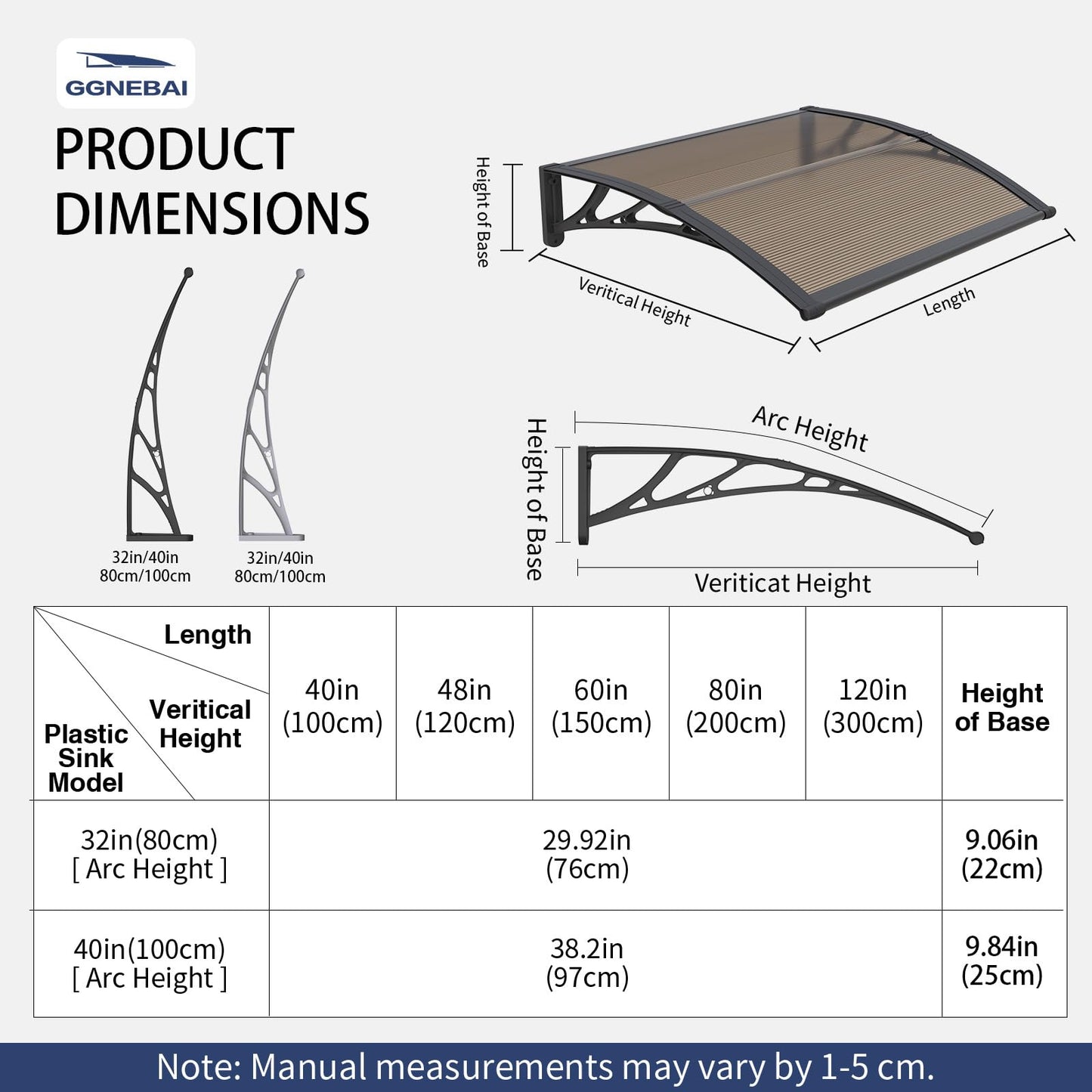 Awning for Door Entrance,40X120 Inches Awnings for Doors,Window Awning Canopy Exterior with Plastic Steel Bracket,Polycarbonate Cover,UV,Rain,Snow Protection for Porch,Patio,Deck
