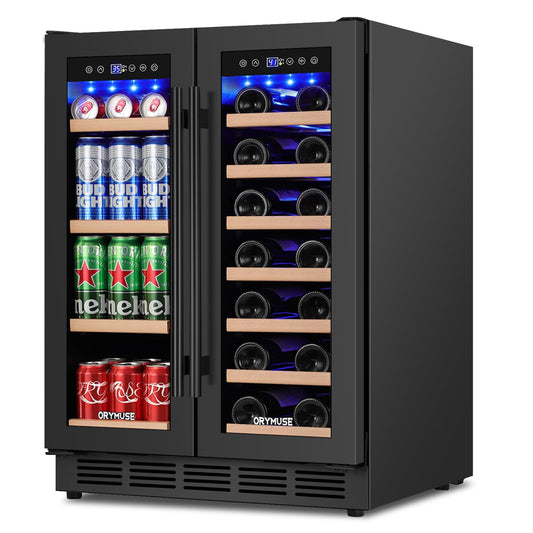 24" Dual Zone Wine & Beverage Refrigerator – Under Counter Cooler with Upgraded Cooling & Blue LED Light, Hold 20 Bottles and 88 Cans Large Capacity Wine Fridge, Built-In or Freestanding – Black