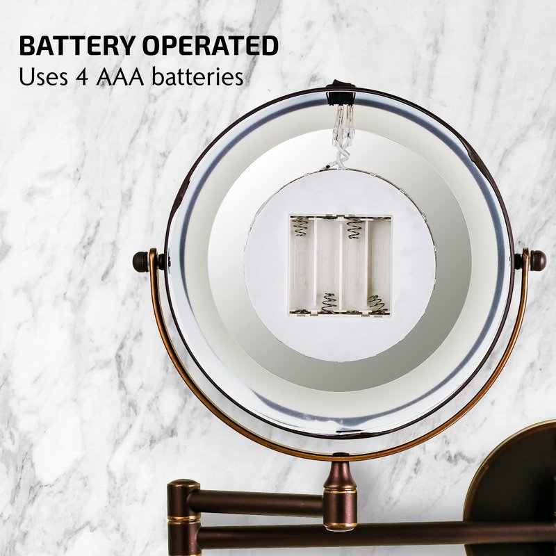 OVENTE Wall Mounted Lighted Makeup Mirror, 7" Double Sided 1X/7X Magnifying Vanity Mirror for Bathroom with LED Lights, Cordless, 360° Rotation and 13" Extendable Arm, Antique Bronze MFW70ABZ1X7X