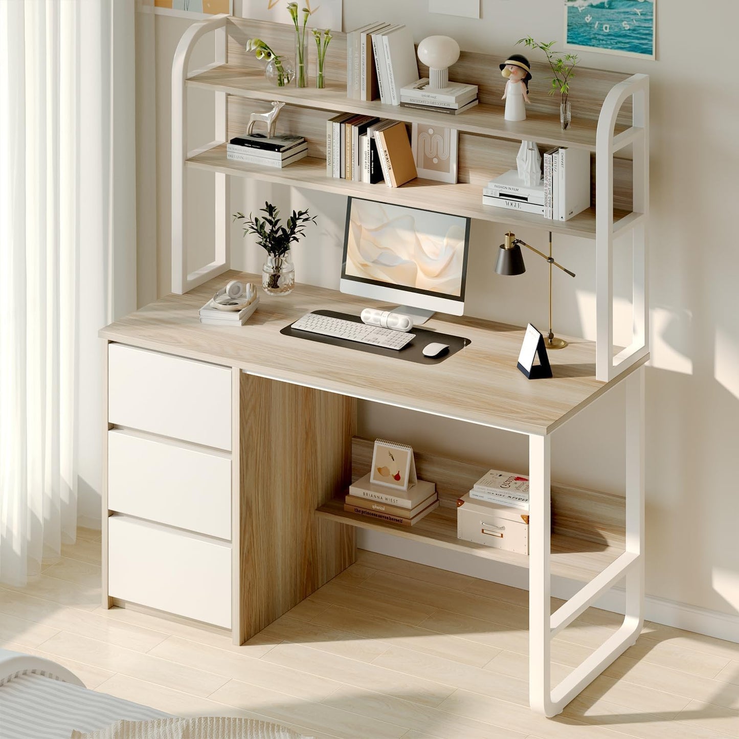 MaverickFurni Computer Desk with Hutch, 47 Inch Small Desk with 3 Drawers for Bedroom, Study Writing Desk with Shelves for Small Spaces, Adjustable Feet, White and Walnut
