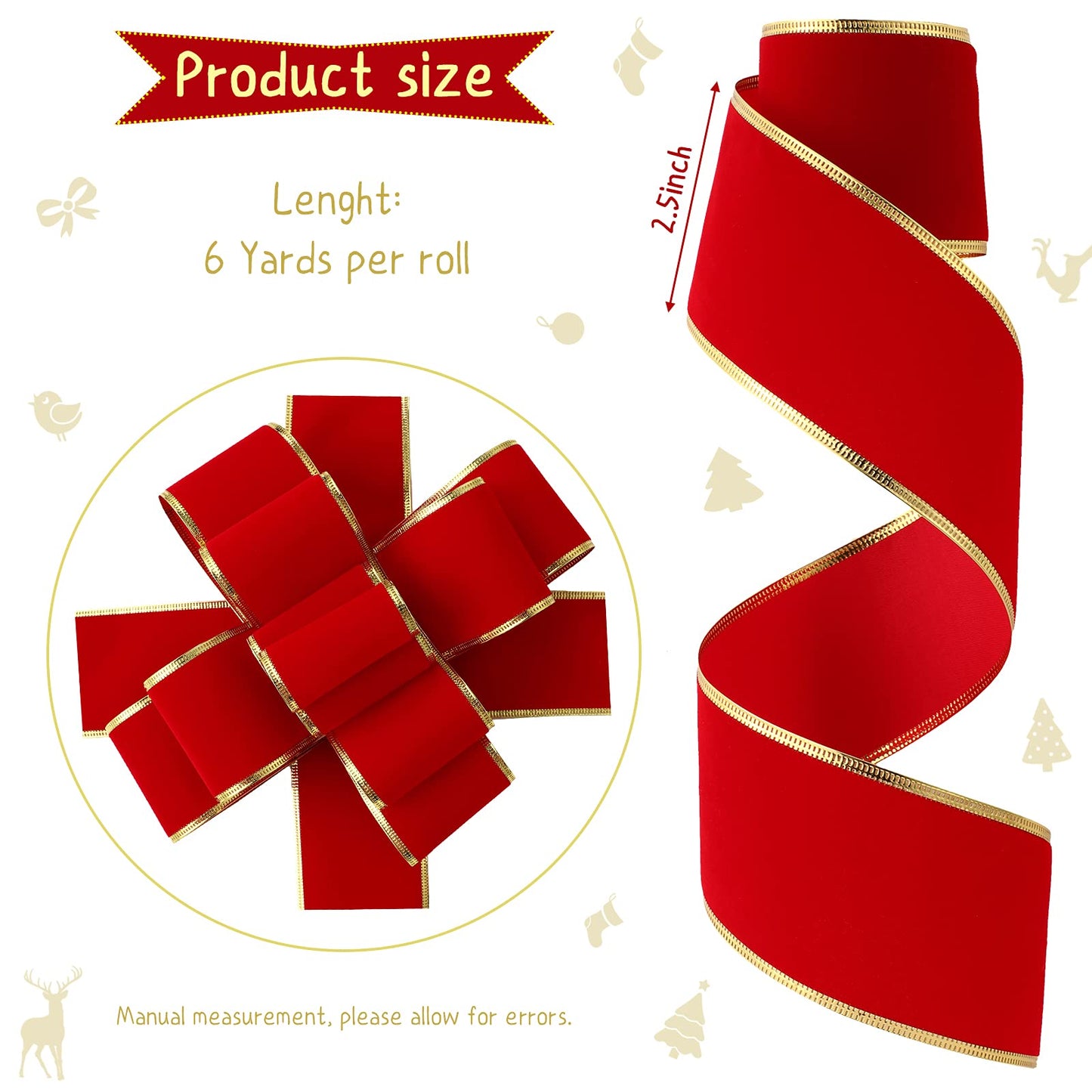 2 Rolls 2.5 Inch x 12 Yards Red Velvet Ribbon Christmas Wide Ribbons Red Wrapping Ribbon Craft Fabric Ribbons with Golden Edge for Wreaths DIY Crafts Bows Christmas Party Decoration