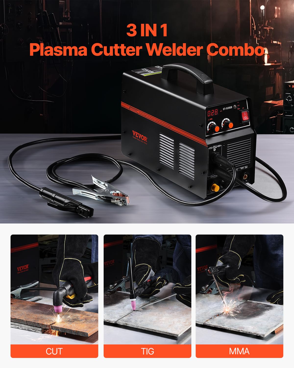 VEVOR 3 in 1 Plasma Cutter Welder Machine, CT-520GD TIG/MMA Plasma Cutter Combo Machine, 50A Non-Touch Pilot Arc Plasma Cutter, 200A TIG and Stick Welder, Digital 110/220V Dual Voltage IGBT Inverter