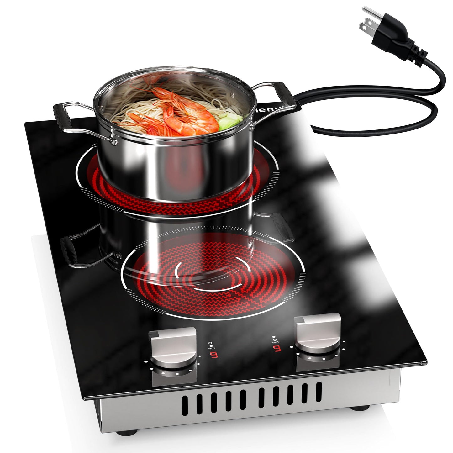 Karienvir 2 Burner Electric Cooktop, 12 Inch Countertop & Built-in Electrical Stovetop, 110V Electric Stove with Plug, Knob Control, 9 Power Level, 2000W(1400W+600W)