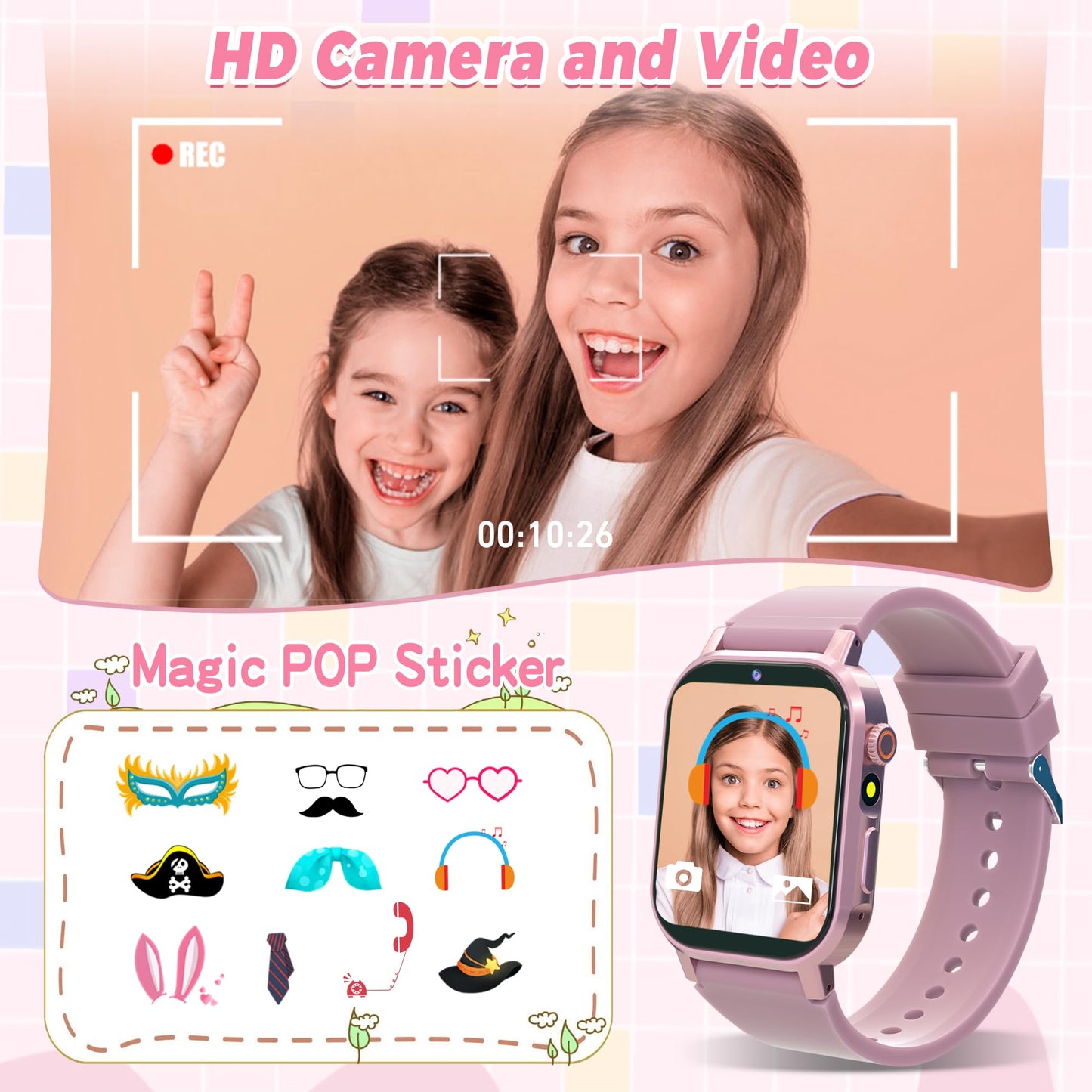 Kids Smart Watches Girls Gift Age 3-12, Kids Watch with 32 Games HD Touchscreen Camera Video Music Audiobook Pedometer Flashlight 12/24 hr Educational Toys Birthday Gift for Girls Ages 5 6 7 8 9 10