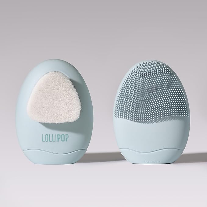 LOLLIPOP Dual-Sided Facial Cleansing Brush | Palm Size Silicone Face Exfoliator and Soft Fiber Cleanser | Manual Face Scrubber for Pores, Makeup Removal, Blackhead and Skincare Routine, Oceanic