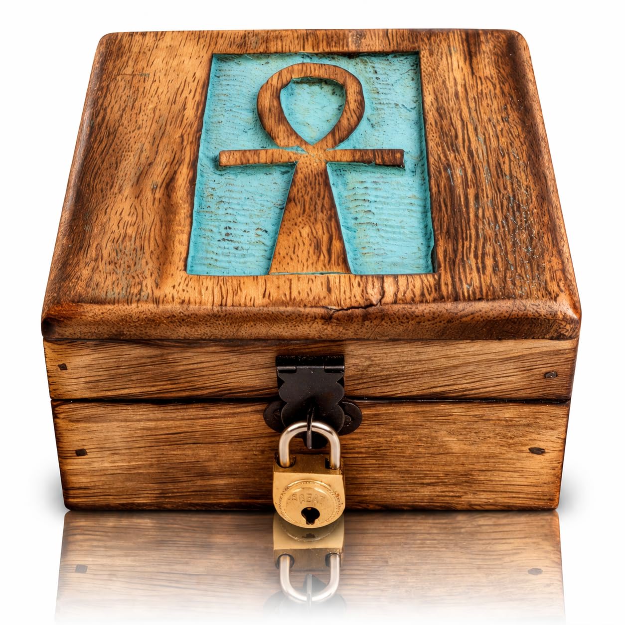 Handmade Decorative Wooden Jewelry Box With Ankh Carving Jewelry Organizer Keepsake Box Treasure Chest Trinket Holder Watch Box Storage Lock Box 4 x 4 Inches Housewarming Gifts (Blue)
