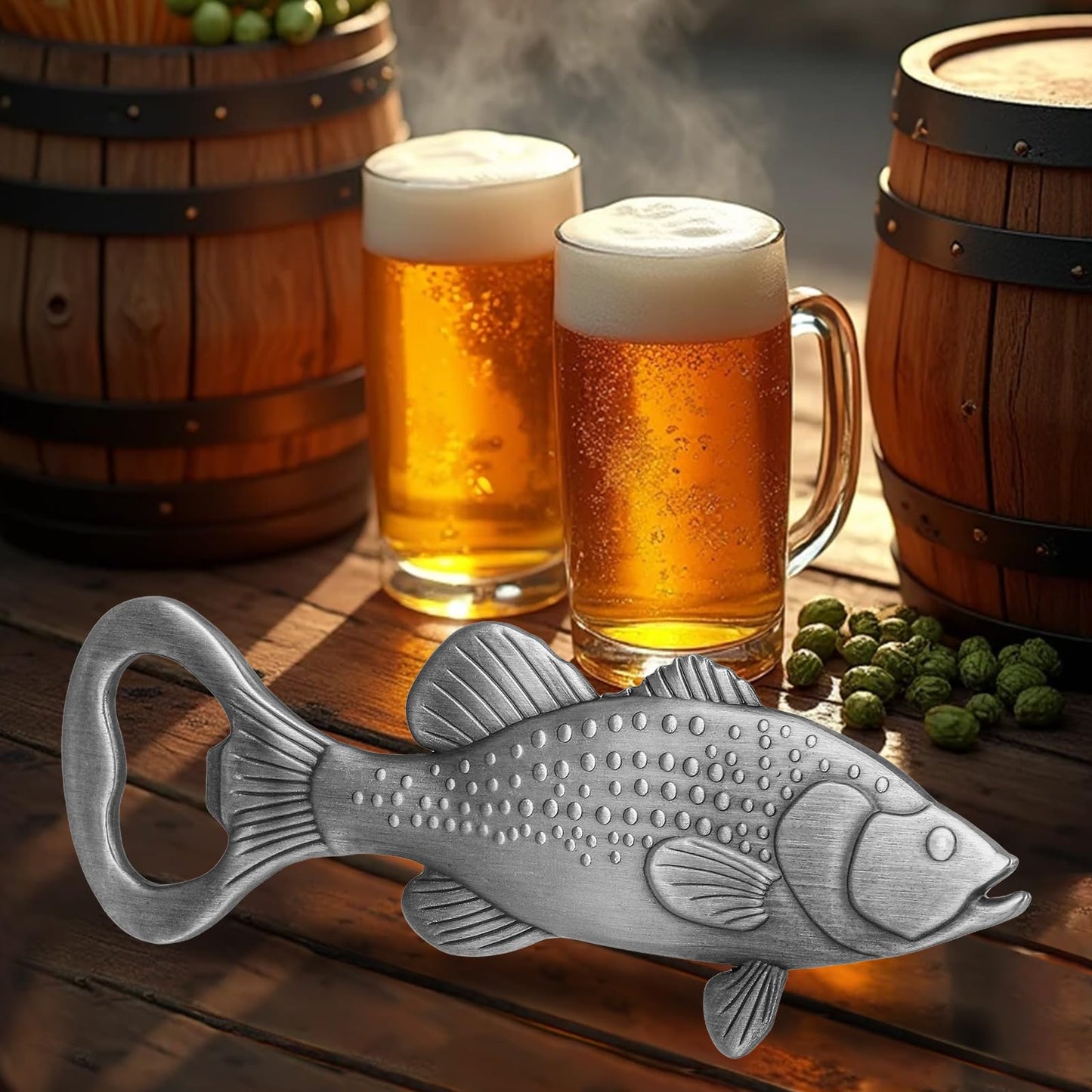 LKKCHER Bass Beer Bottle Opener, Fishing Gifts for Fisherman, Bass Fish Decoration, Birthday Fathers Day Christmas Gifts for Men Women Dad Fisherman, Silver Beer Accessories with Gift Box
