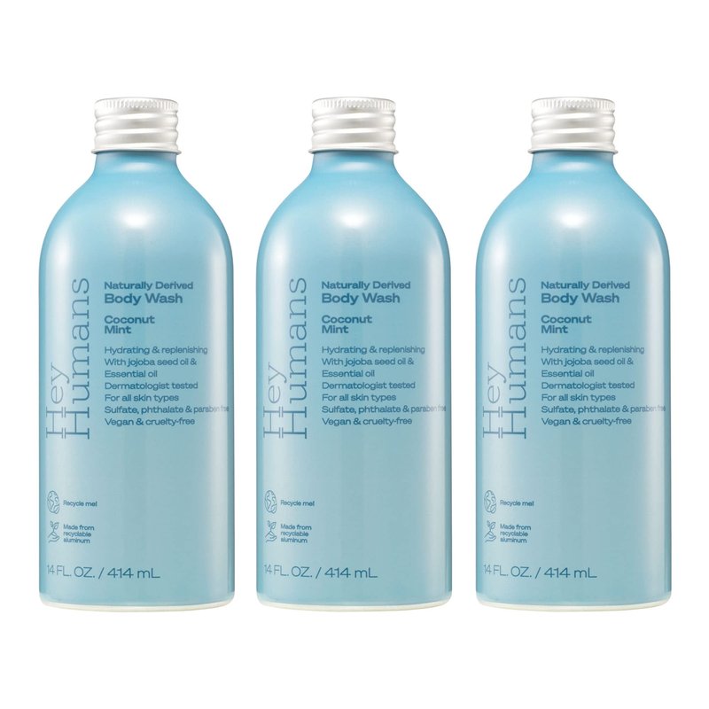 Hey Humans Coconut Mint Moisturizing Body Wash with Natural Ingredients & Jojoba Oil | Clean, Vegan, Sulfate Free Bath & Body Wash for Women & Men | Recyclable Bottle, 14 fl. oz. - Pack of 3