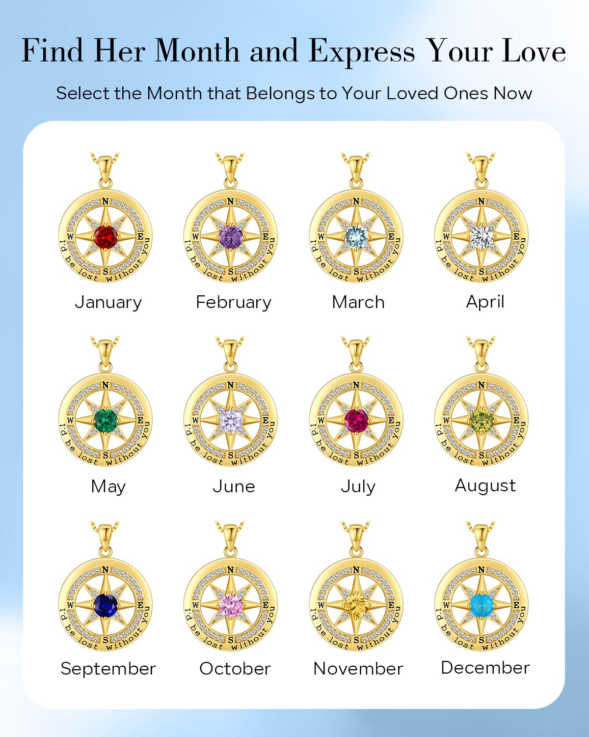 S925 Necklace Gift for Wife |Compass Jewelry |Women Anniversary |Sterling Silver |Girlfriend Birthday Necklaces for Her Valentines |I'd be Lost without You |Jewel 18K Gold Sept 09