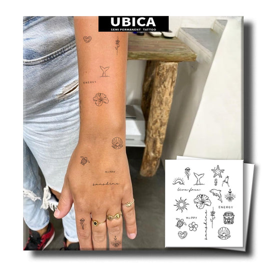 UBICA Semi Permanent Tattoo, Tropical Tiny Temporary Tattoo Designs(Shells, Starfish, Turtles, Dolphin, Hibiscus), Waterproof & Non-Reflective, Lasts 1–2 Week, for Vacation, Party, Festival