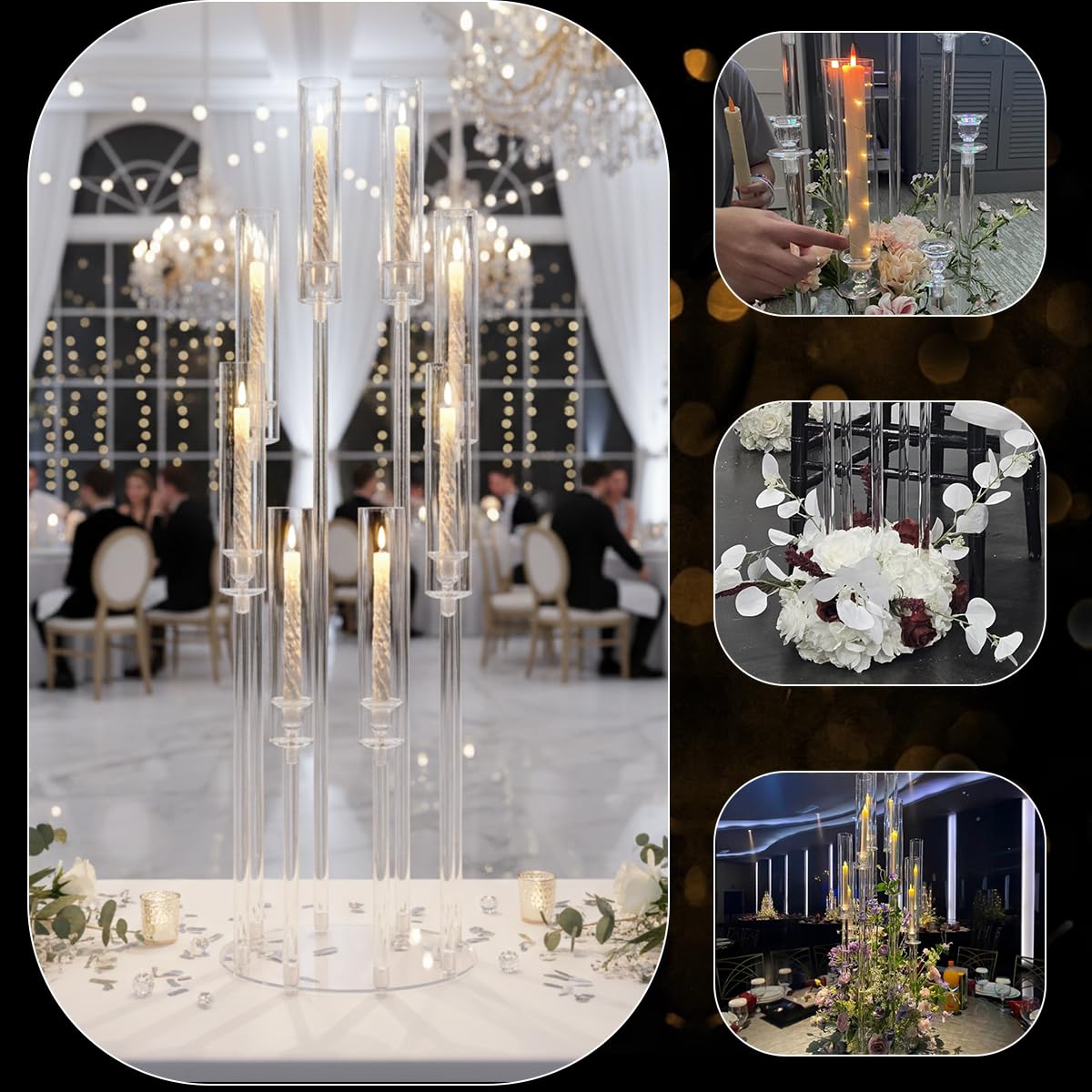 10PCS 8 Arm Acrylic Candelabra Candle Holder for Wedding,Tall Clear Candlestick Holders with Shade for Tables Party Grand Event Valentine's Day Dinner Decoration (Fit 0.8" Led Candles)"