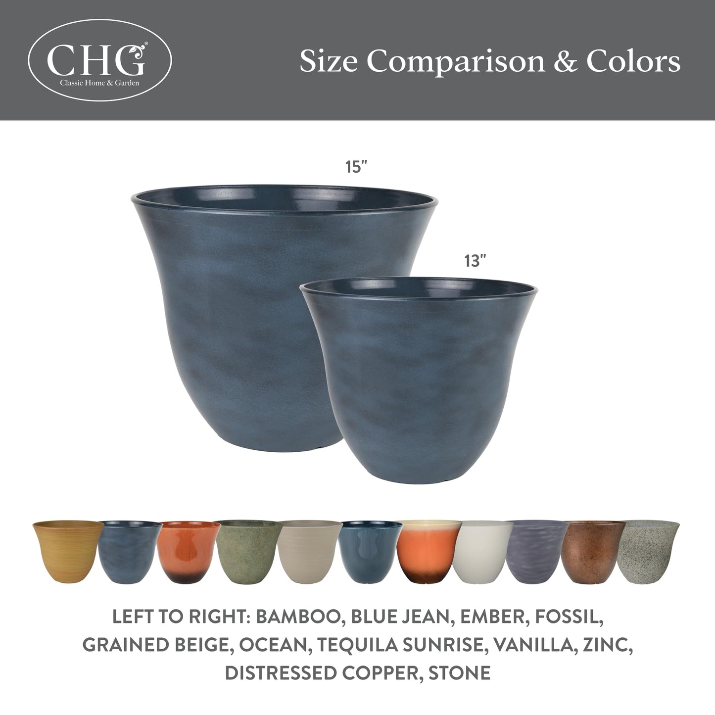 Classic Home and Garden by Growscape Honeysuckle Resin Planters - Lightweight Indoor & Outdoor Plant Pots - UV-Resistant Plastic Flower Pots - Pot Planters for Flowers & Herbs (15" Ocean Blue)
