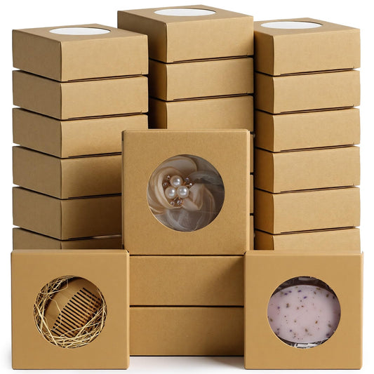 Afcabakila 100 Pcs Soap Boxes for Homemade Soap, Bulk Krafts Paper Boxes With Clear Window, 3x3x1.2 Inch Small Square Gift Packaging Boxe For Homemade Soap, Cookies, Candies, Jewelry and Party Favors