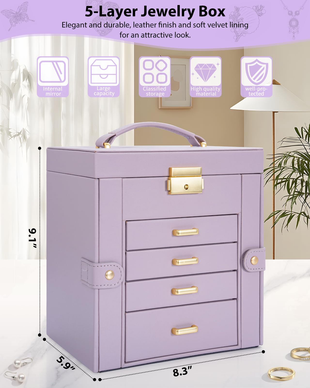 AKOZLIN 5-Tier Jewelry Box Leather Jewelry Storage Organizer with 4 Drawers Lockable for Women Girls Ring Necklace Earring Bracelet Watches Holder with Mirror Purple