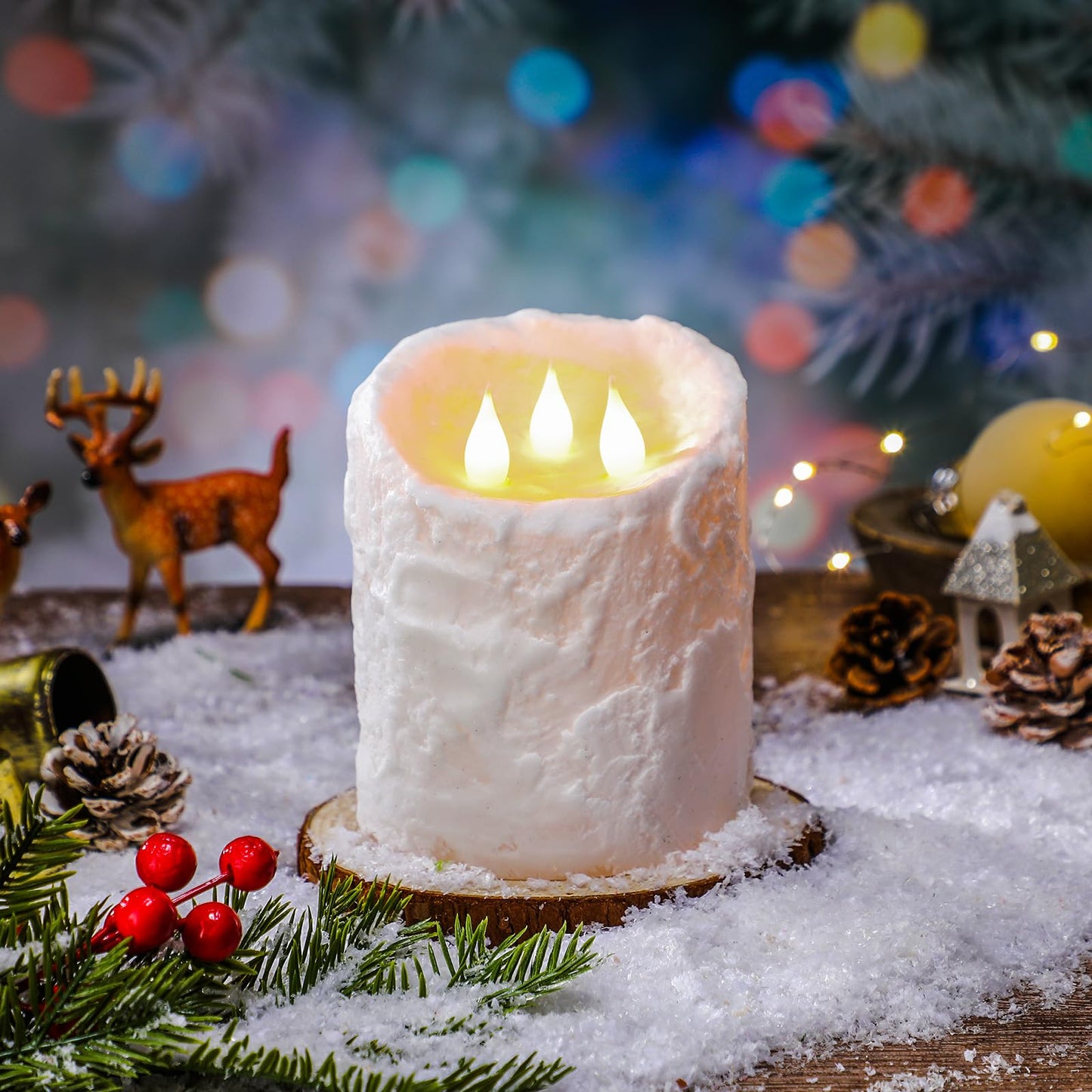 Baquler Large Flameless LED Battery Operated Pillar Candle - 3 Wick 5"x4"" Snowy Frosted White Flameless Christmas Fake Candle for Xmas Table Centerpiece Holiday Rustic Indoor Home Decor"