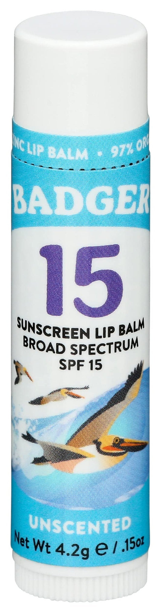 Badger Sunscreen Lip Balm SPF 15, Organic Mineral Sunscreen SPF Lip Balm with Zinc Oxide, Reef Friendly, Broad Spectrum, Water Resistant, Unscented, .15 oz