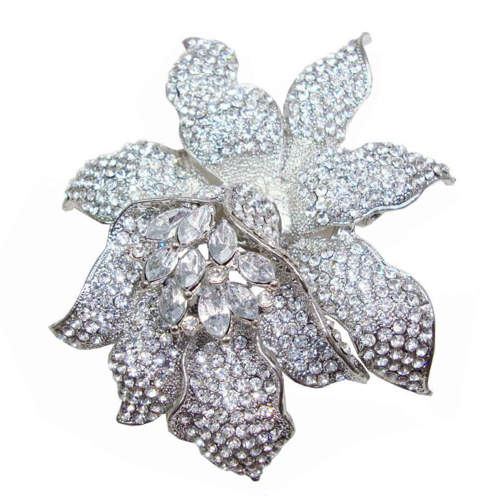 TTjewelry Classic Crystal Rhinestone Large Flowers Orchid Brooch Pins Woman Jewelry B10461600 (White Silver-Tone)