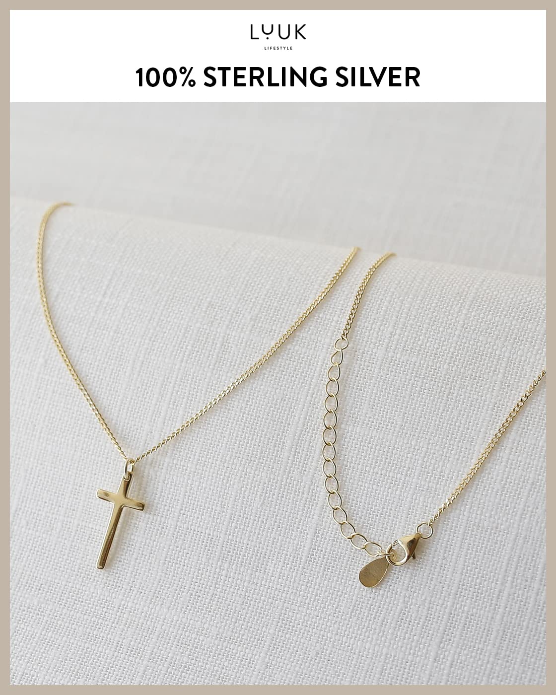 LUUK LIFESTYLE Necklace in 925 Sterling Silver with cross pendant and HAPPINESS gift card, lucky charm, Christian cross, protection against evil, classic sleek look, 19”, religious object, gold