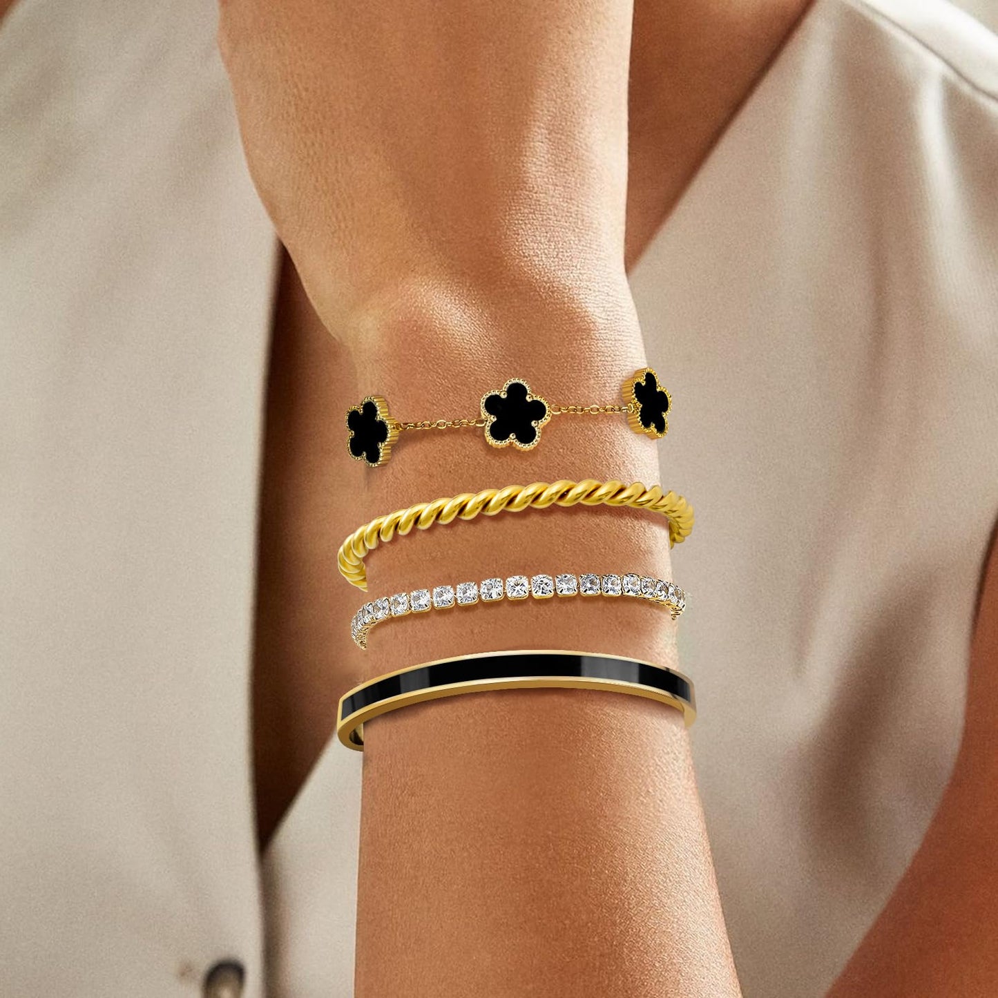 MOINSPIRE 18K Gold Plated Bracelets for Women, Stainless Steel Four Leaf Clover Tennis Nail Love Bangle Bracelets Set, Trendy Stackable Twist Cuff Bracelet Non Tarnish Jewelry Gifts for Christmas