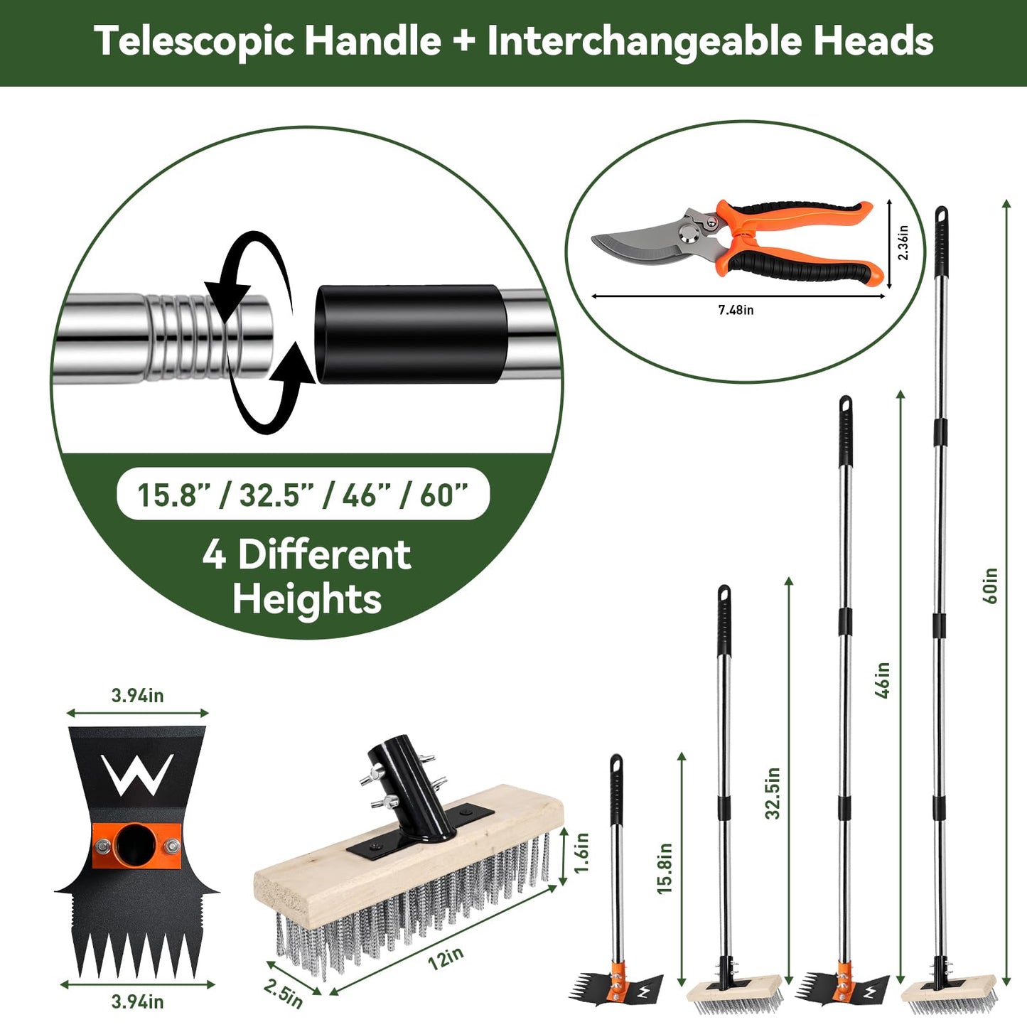 ZORSHUY 4-in-1 Weeding Tool with Hoe, Grabber, Pruning Shears & Scrub Brush,Garden Hoe & Weed Puller Tool with Long Handle,Dandelion Heavy Duty Uprooting Tool for Lawn Yard Garden