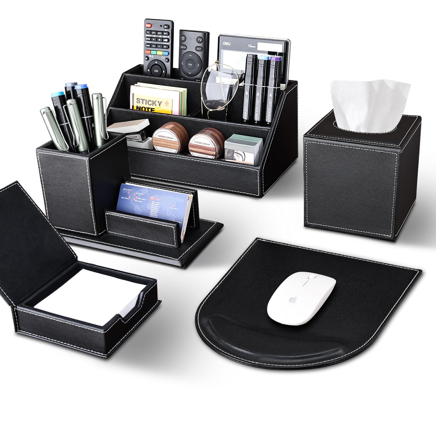 KINGFOM 5PCS Desk Organizer and Accessories Set, Pu Leather Office Supplies with Multifunction Desktop Organizer Storage Box, Tissue Holder, Mouse Pad, Note Paper Holder, Pencil Holder for Desk Black