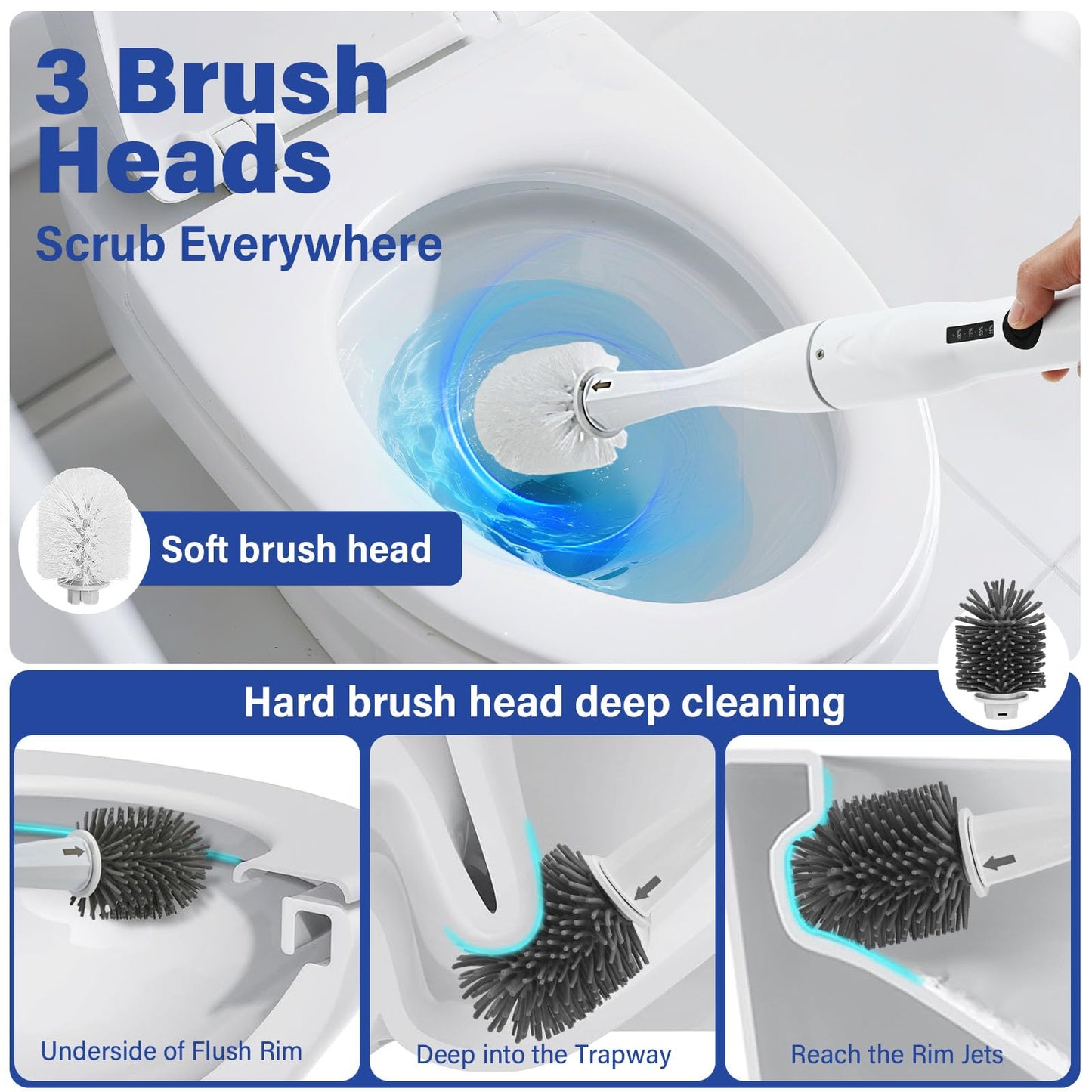 Electric Toilet Brush Scrubber and Holder Set,Electric Toilet Bowl Cleaning Kit with 8 Disposable Refill Heads,Hard Nylon Brush and Soft Silicone Brush