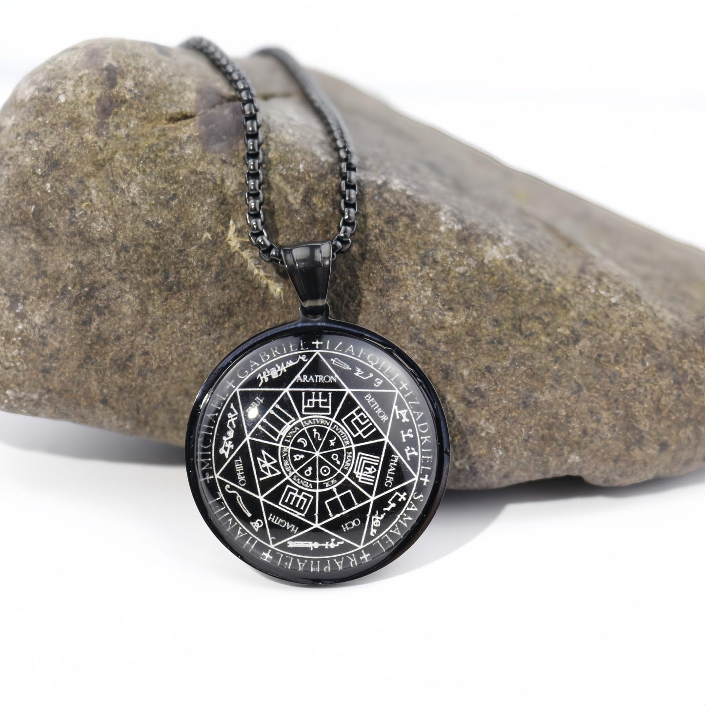 Joddfly Seven Angel Medal Pendant Stainless Steel Glass Solomon Talisman Necklace Guardian Jewelry Men and Women 24 inch Gift Set (black)