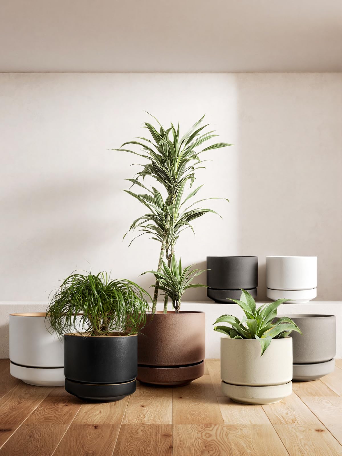LE TAUCI 12 Inch Pots for Plants with Saucer | Ceramic Outdoor & Indoor Planter Pot for Plants | Drainage Hole, Mesh Pad | Unglazed Porous | Modern for Home, Office and Patio – Chalk White