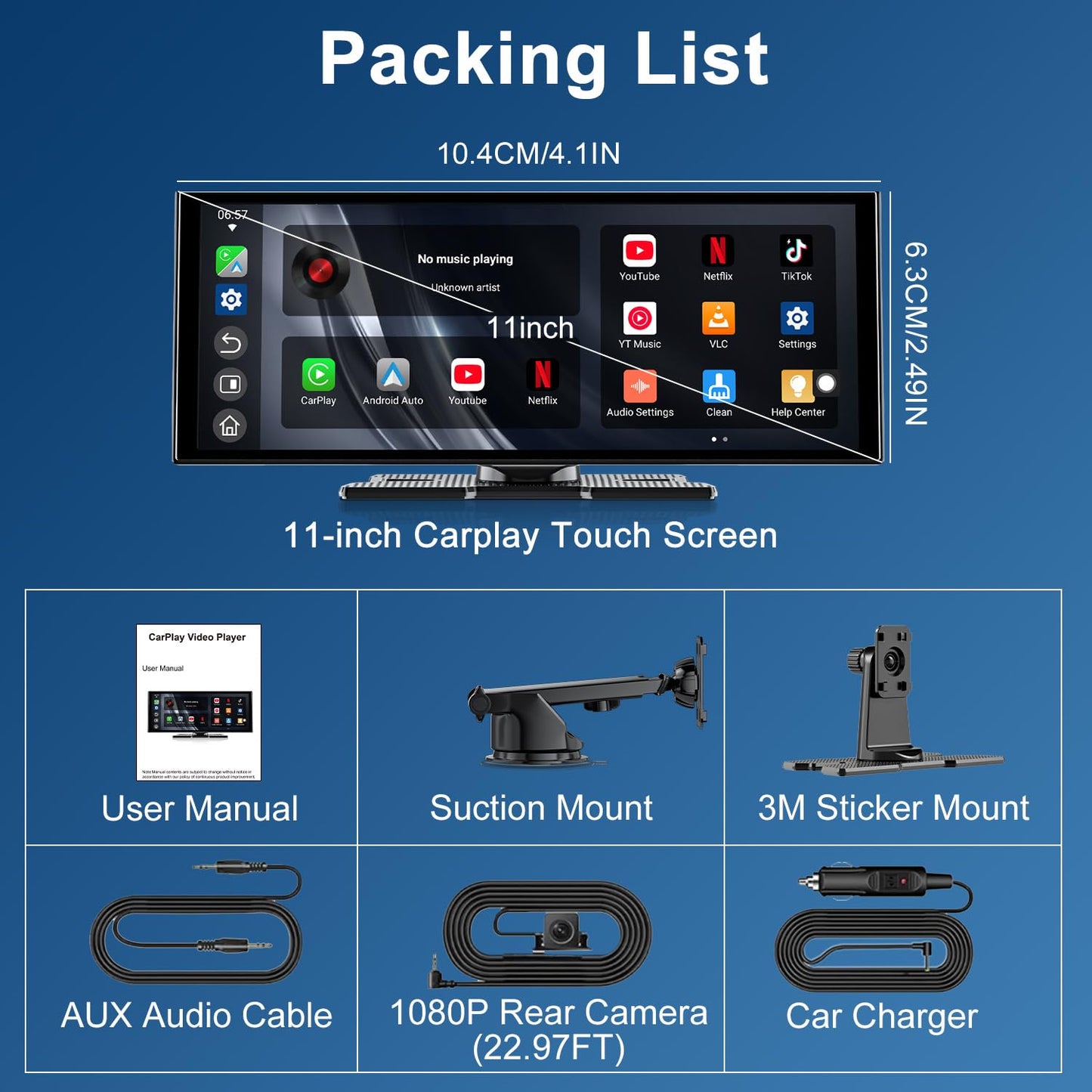 Upgraded 11" CarPlay Screen for Car, Built-in Net-Flix/YouTube/TikTok and Other Apps (No Mirroring Needed), Wireless Car Stereo for Apple Carplay & Android Auto with HD Backup Camera,OTA Updates